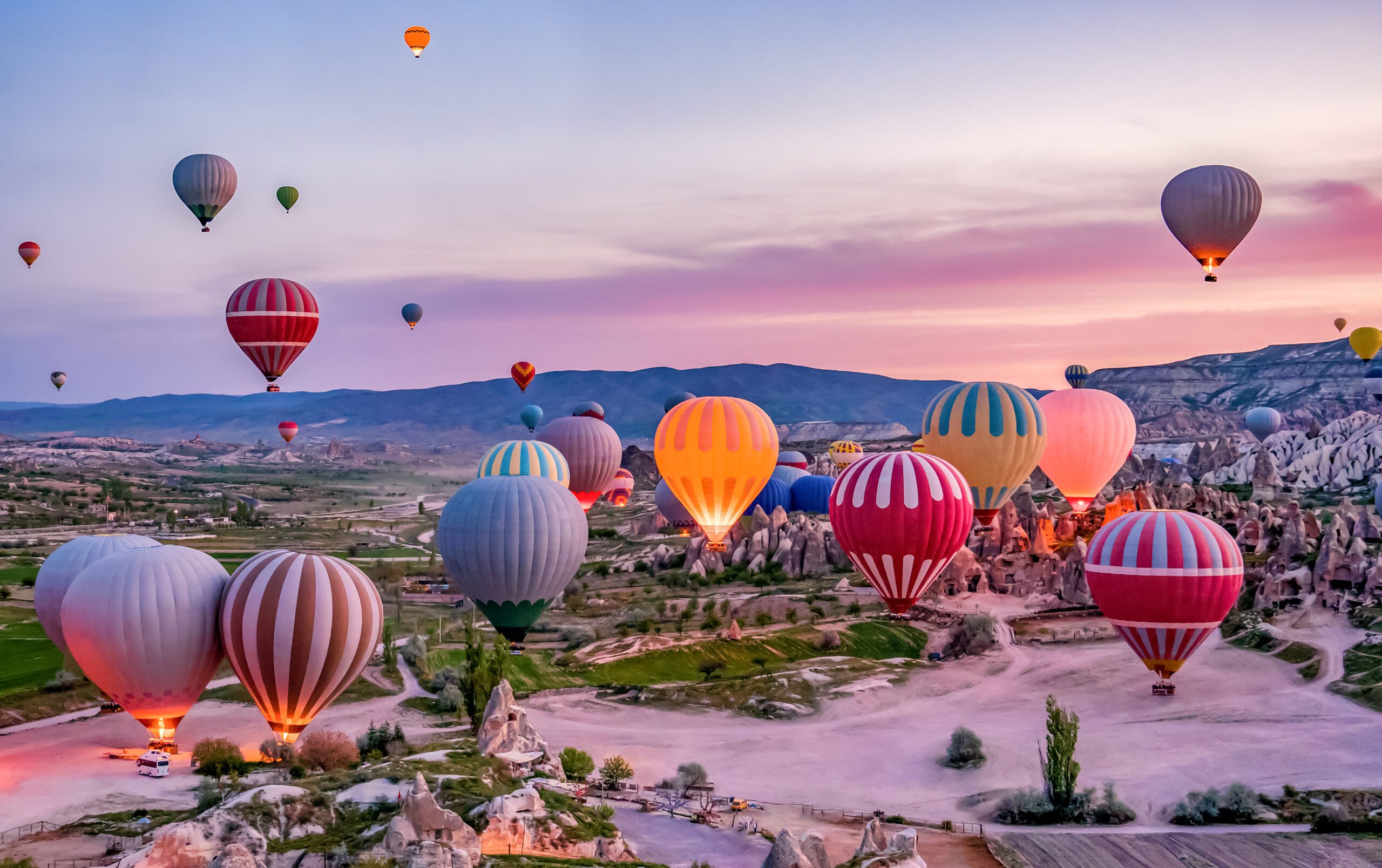 Colorful hot air balloons before launch in Goreme national park,
